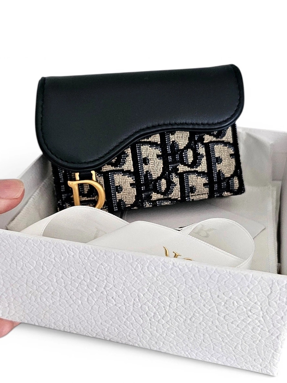 Dior Black Leather & Beige/Black Logo Card Holder with Gold D Charm